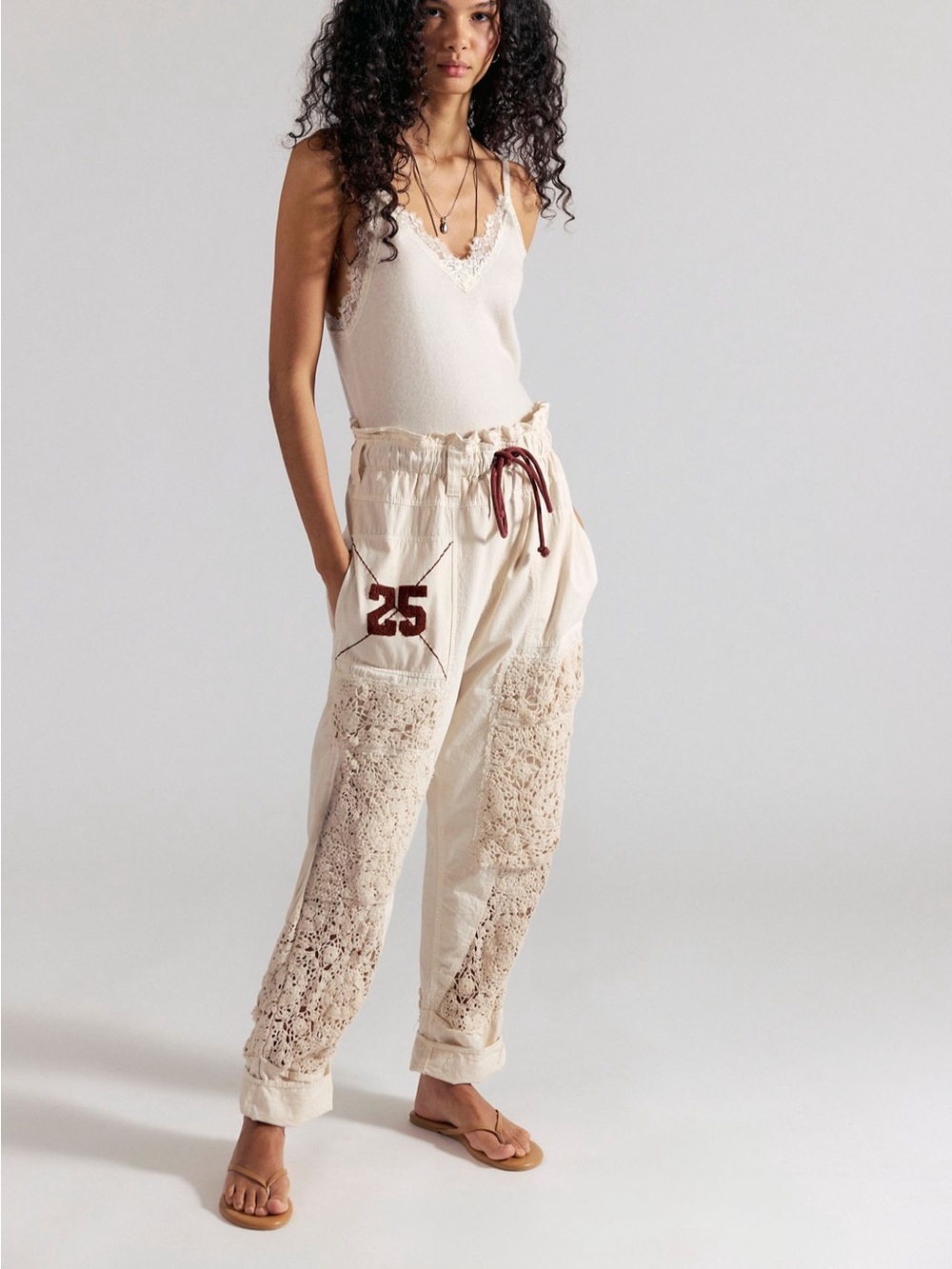 Free People Cream Crochet-Panel Track Pants with Maroon Accent